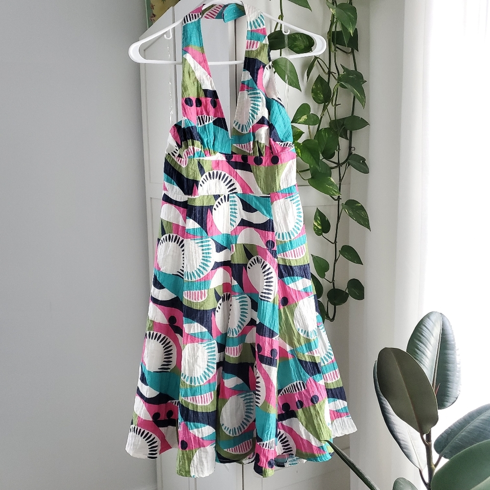 Feline Women Halter Strap Summer Tropical Dress Size L Lined Fit &Flare Back Zip